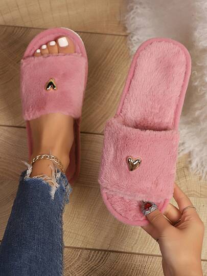 Women's Minimalist Fashion Heart Decor Fluffy Open Toe House Slippers, Comfortable Plush Slip-On Slippers For Bedroom And Living Room, Suitable For Autumn/Winter