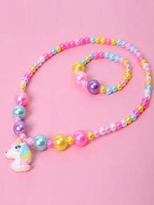 2 件套女孩可爱独角兽串珠手链和项链套装，公主珠宝配饰，适合女孩派对和生日礼物