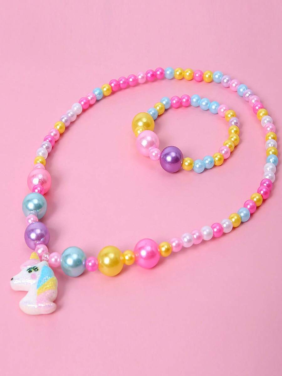 2 件套女孩可爱独角兽串珠手链和项链套装，公主珠宝配饰，适合女孩派对和生日礼物