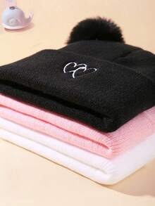 3 Pieces Set Of Solid-Color Warm Knitted Caps For Babies, Girls And Boys In Autumn And Winter, With Heart-Shaped Embroidery Design, Suitable For Warm Family Party Gifts For Babies