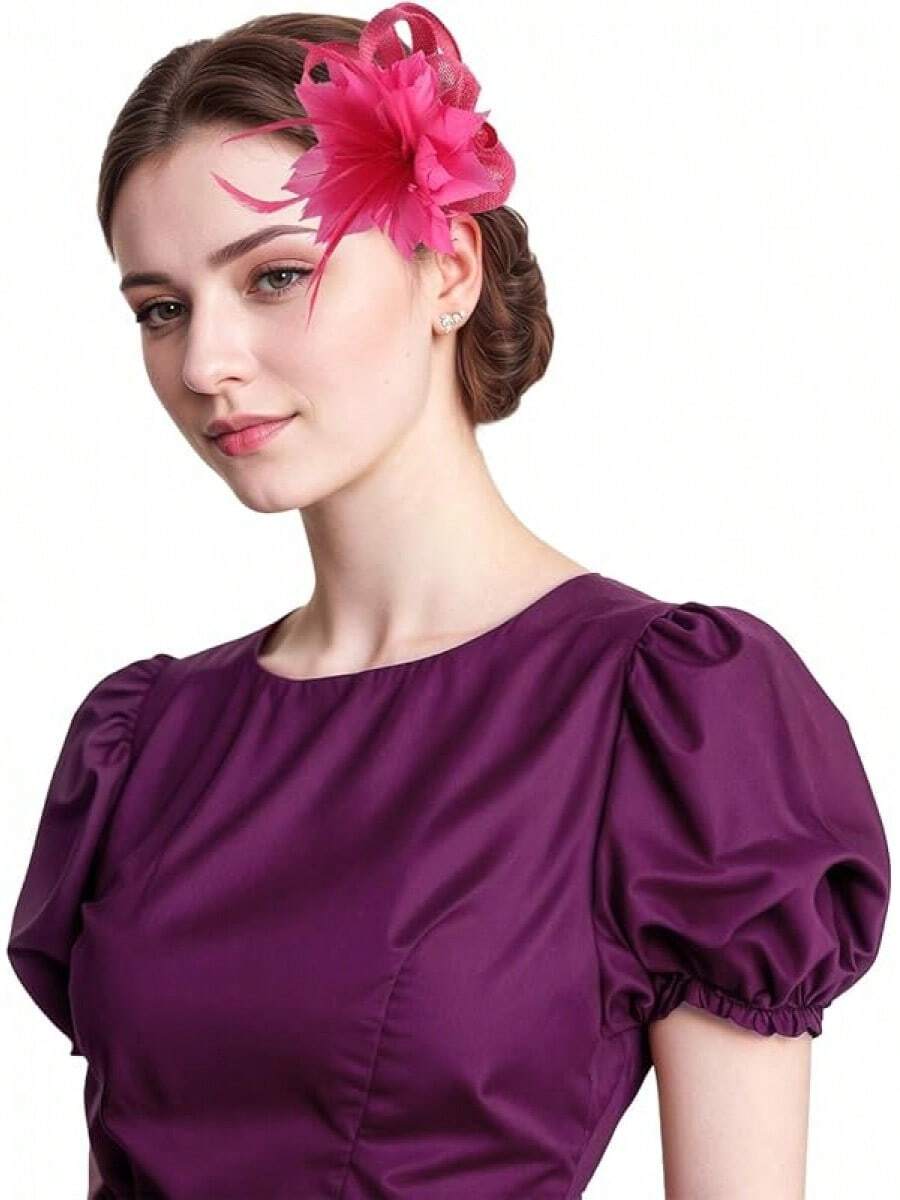 Fascinators Hats Women,Tea Party Fascinator Hair Clip With Feathers Wedding,Derby Hats Headbands - Ha9582-玫瑰紅 - 查看 1