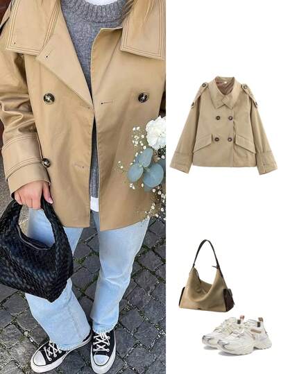 Women's Fashionable Casual Double-Breasted Short Jacket Coat, Autumn