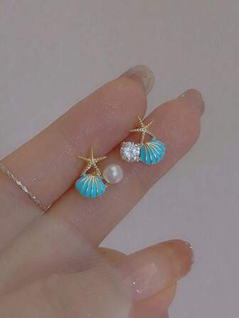 1 Pair Elegant Resin Blue Shell & Starfish Beach Resort Style Earrings