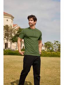 Henley Shirts Slim Fit Button T-Shirthalloween - 軍綠色 - 查看 5