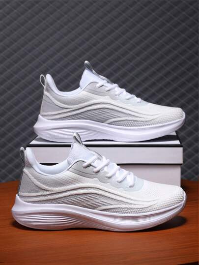 1 Pair Women's Soft Sole Casual Running Shoes, White Mesh Lace-Up Low-Top Outdoor Shock-Absorbing Sports Sneakers, Spring/Autumn 2025 New Solid Color Road Running Shoes