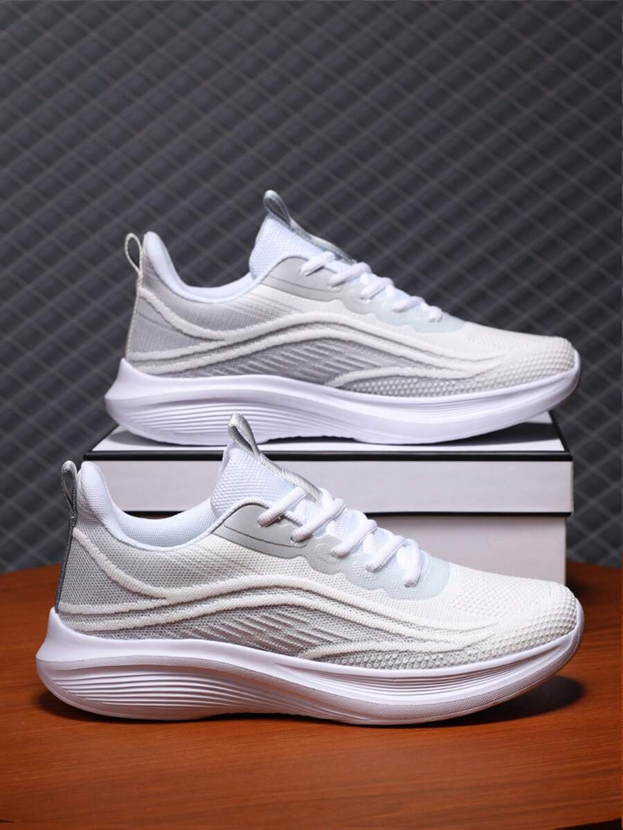 1 Pair Women's Soft Sole Casual Running Shoes, White Mesh Lace-Up Low-Top Outdoor Shock-Absorbing Sports Sneakers, Spring/Autumn 2025 New Solid Color Road Running Shoes