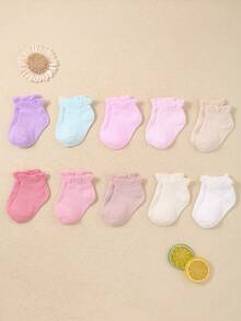 10 đôi tất ngắn màu Dopamine, thiết kế có viền bèo nhún cho bé gái. Được làm từ vải lưới ren mềm mại và thoải mái. Thích hợp cho trẻ sơ sinh từ 0-3 tuổi. - Nhiều màu - Xem 3