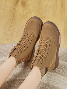 Women's Flat Lace-Up Fashion Western Boots, Lightweight Soft Sole Durable Outdoor Casual Side Zipper Ankle Boots, Autumn/Winter