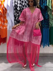 Elegant Pink Stripe Kaftan Dress For Women V Neck Maxi Dress With Fringe Hem And Loose Fit - 彩色 - 查看 1
