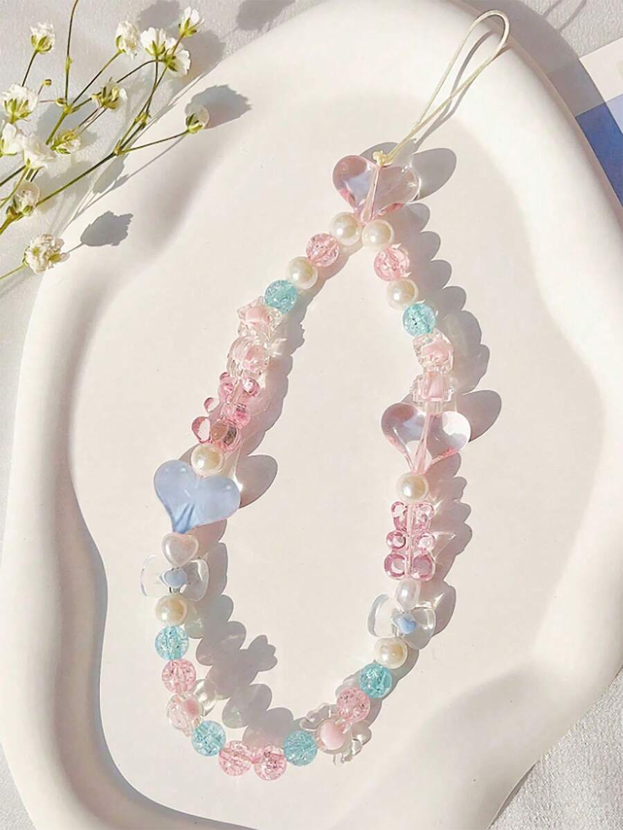 1条亚克力心形串珠手机挂绳，适合作为礼物送给母亲、家人、朋友，也可用于生日、节日等场合，是手机的精美挂饰。 - 彩色 - 查看 1