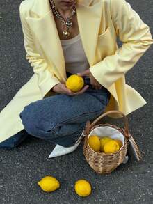 Abrigo largo recto de mujer de color amarillo mostaza sólido, versátil para uso diario, ir a la oficina y varias ocasiones, otoño/invierno - Amarillo - Ver 1