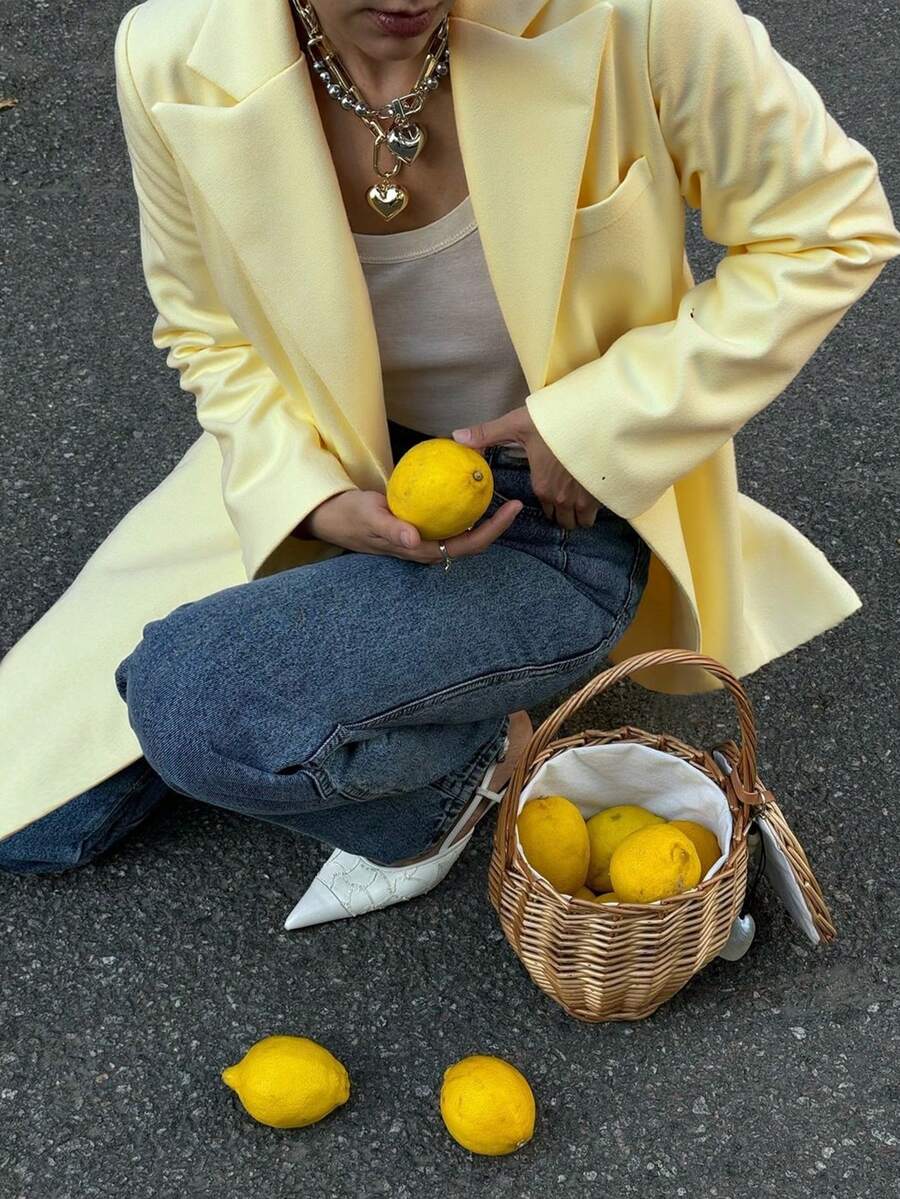 Abrigo largo recto de mujer de color amarillo mostaza sólido, versátil para uso diario, ir a la oficina y varias ocasiones, otoño/invierno - Amarillo - Ver 1