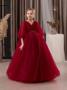 Tween Girl Burgundy Lace Embroidered Bow Mesh Elegant Party Princess Dress, Suitable For Girls' Birthday Party, Banquet, Formal Occasion, Prom, Wedding, Flower Girl