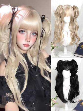 Peluca sintética larga y ondulada estilo Lolita con flequillo y doble coleta, rubia y linda, adecuada para uso en fiestas y Halloween de mujeres