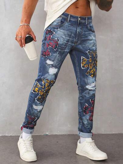 Jeans para hombre con parches estampados y diseño rasgado |jeans con parches coloridos  pantalón mezclilla streetwear hombre  jeans estampados modernos  pantalón rasgado juvenil  mezclilla slim fit hombre  jeans con diseño gráfico  moda urbana para hombre  pantalón original con estilo  ropa casual llamativa  jeans ajustados de moda
