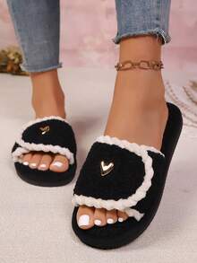 女士时尚优雅心形装饰可调节钩环蓬松露趾拖鞋,柔软舒适轻便鞋底,适合返校、万圣节、客厅和卧室,四季皆宜 - 黑色 - 查看 5