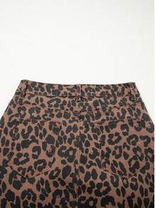 Leopard Print Frayed Side Slit Denim Midi Skirt - 棕色 - 查看 8