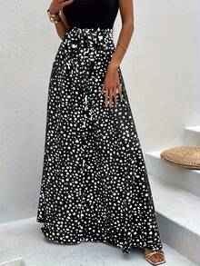 Women's Black & White Jumpsuit De Mujer,Mono Elegantes Para Mujer- High Waist Tie Front Palazzo Pants, Boho Summer Vacation Beach Bottoms - màu đen - Xem 2