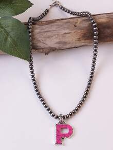 1pc Western Country Style Vintage Textured CCB Multicolor Leopard Print Black & White Plaid 26 Letter Minimalist Pendant Necklace, Sweater Chain