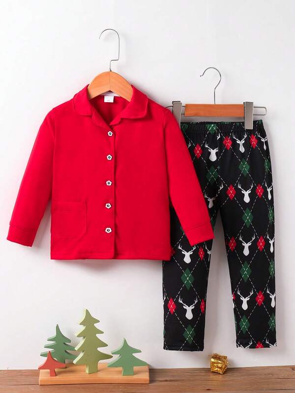 Conjunto de pijama de 2 piezas con estampado de renos navideños en top de manga larga y pantalones para niños, otoño/invierno