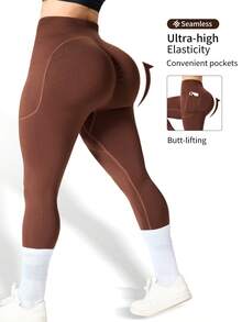 The Combination Of A Two-Piece Plus-Size Women's Cross-Strap Bra And Pocket Leggings Is Suitable For Outdoor Hiking. It Is Comfortable And Lightweight, And The Pocket Design Makes It Convenient To Carry A Mobile Phone - 棕色+棕色 - 查看 9