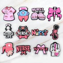 12 SZTUK/ZESTAW Piękne Pielęgniarki Dzień PCV Buty Charms Różowy Pielęgniarski Kapelusz Pielęgniarski Pielęgniarski Mundur Kokarda Wzór Kreskówkowy Akcesoria Do Butów Personel Medyczny Pielęgniarki Dzień Prezenty
