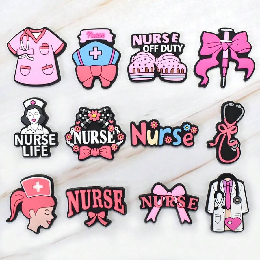 12 SZTUK/ZESTAW Piękne Pielęgniarki Dzień PCV Buty Charms Różowy Pielęgniarski Kapelusz Pielęgniarski Pielęgniarski Mundur Kokarda Wzór Kreskówkowy Akcesoria Do Butów Personel Medyczny Pielęgniarki Dzień Prezenty
