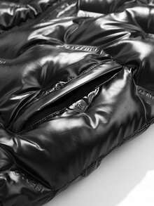 2025 Men's Glossy Stand Collar Windproof Long Sleeve Detachable Hood Solid Color Casual Padded Coat, Warm For Autumn/Winter