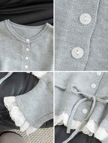 女士甜美蕾丝拼布抽绳针织开衫，圆领长袖毛衣，秋冬