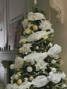 1Roll 10 Yards Christmas Mesh Ribbon For Wreaths, Christmas Tree Toppers, Beige White Gold Glitter Foil Decorative Mesh Rolls For DIY Wreath Bow Ribbon Christmas Tree Decor Seasonal Craft&Home Decor Christmas Decorations 2025 Room Decor Winter Christmas Decorations Home Christmas Gifts Christmas Decor