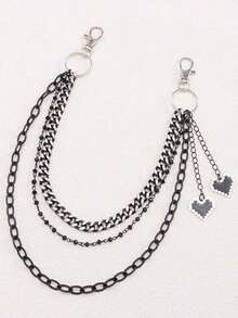 A Fashionable Accessory With Personalized, Fashion , Dark Black Heart Pendant, Double-Layer Zinc Metal Versatile Pants Chain - Black - View 2