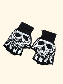 1pc Halloween High-End Skeleton Fingerless Gloves, Mysterious Skeleton Gloves, Halloween European And American Style Unisex Knitted Fingerless Skeleton Head Claw Half Finger Gloves For Performance, Party