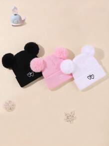 3件组合儿童纯色秋冬保暖针织帽，心形刺绣设计，适合儿童保暖 - 彩色 - 查看 1