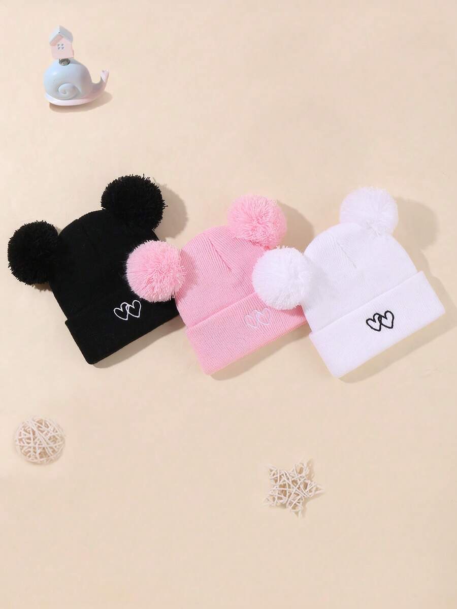 3件组合儿童纯色秋冬保暖针织帽，心形刺绣设计，适合儿童保暖 - 彩色 - 查看 1