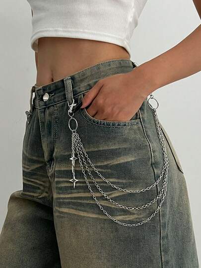 1pc Women's Punk Denim Chain, Personalized Metal Star Pendant Waist Chain Decor, Suitable For Daily Wear