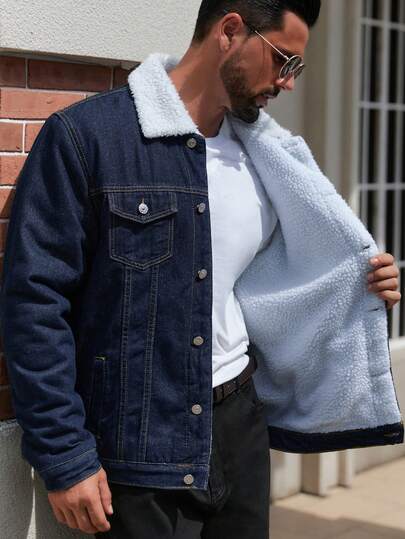 Autumn/Winter Regular Thick Men's Denim Jacket With Thermal Lining, Warm Casual Street Style Denim Top