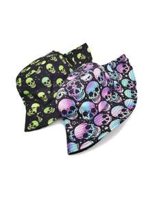 1 件万圣节骷髅印花渔夫帽，可双面佩戴，男女通用防晒钓鱼帽 - 骷髏漁夫帽 - 查看 2