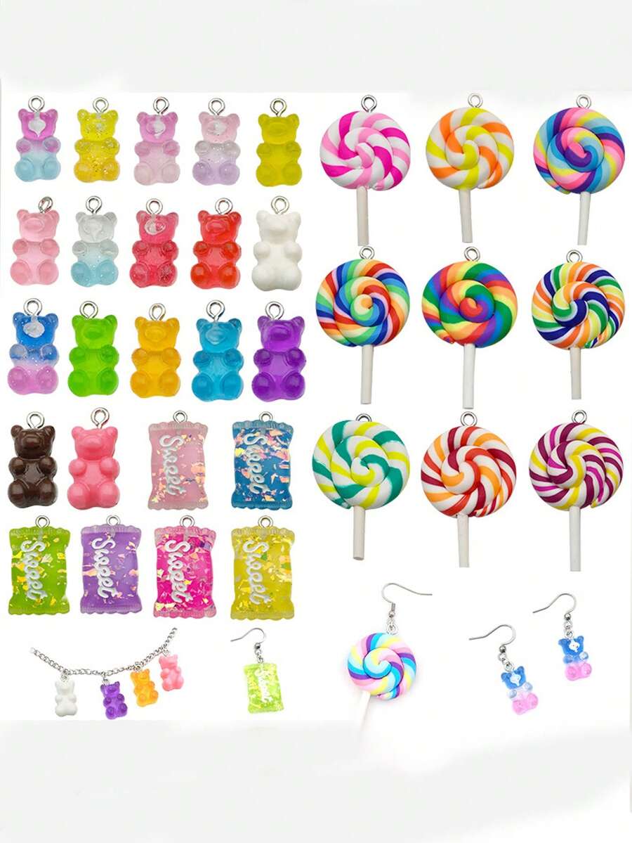 5/10 件混合可爱仿真棒棒糖熊糖果树脂吊坠饰品，DIY 珠宝配饰（轻微瑕疵属正常现象） - 彩色 - 查看 1