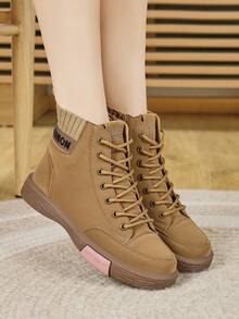 Women's Flat Lace-Up Fashion Western Boots, Lightweight Soft Sole Durable Outdoor Casual Side Zipper Ankle Boots, Autumn/Winter