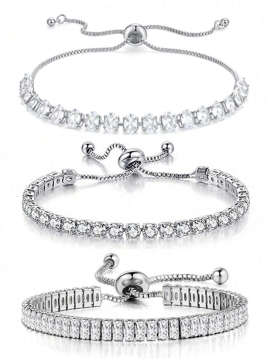 3件套闪亮圆形和方形几何锆石可调节网球手链，适合女性和女孩日常佩戴