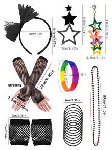 D EXCEED 4/5 pièces Ensemble d'accessoires rétro néon des années 80 pour femmes, collier de perles à tenue rétro, serre-tête à nœud en dentelle, gants résille, lunettes de soleil à stores vénitiens, boucles d'oreilles éclair, essentiels pour fête rétro Halloween