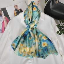 100% Mulberry Silk Scarf For Women Lightweight Long Scarves Beach Wraps Cover Up -Travel Photography Scarfhalloween - 藍色米色花卉 - 查看 4