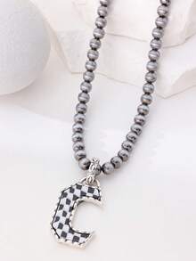 1pc Western Country Style Vintage Textured CCB Multicolor Leopard Print Black & White Plaid 26 Letter Minimalist Pendant Necklace, Sweater Chain