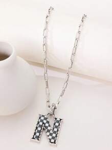 1pc Western Country Style Vintage Textured CCB Multicolor Leopard Print Black & White Plaid 26 Letter Minimalist Pendant Necklace, Sweater Chain