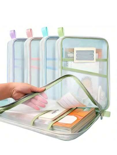 4pcs L-Shaped Subject Bags, Transparent Mesh Zipper File Bags With Large Opening For Students Exam, (Green Color May Have Slight Variation, 2 Random Color Styles Will Be Sent, File Bag Label Frame Color Is Random)