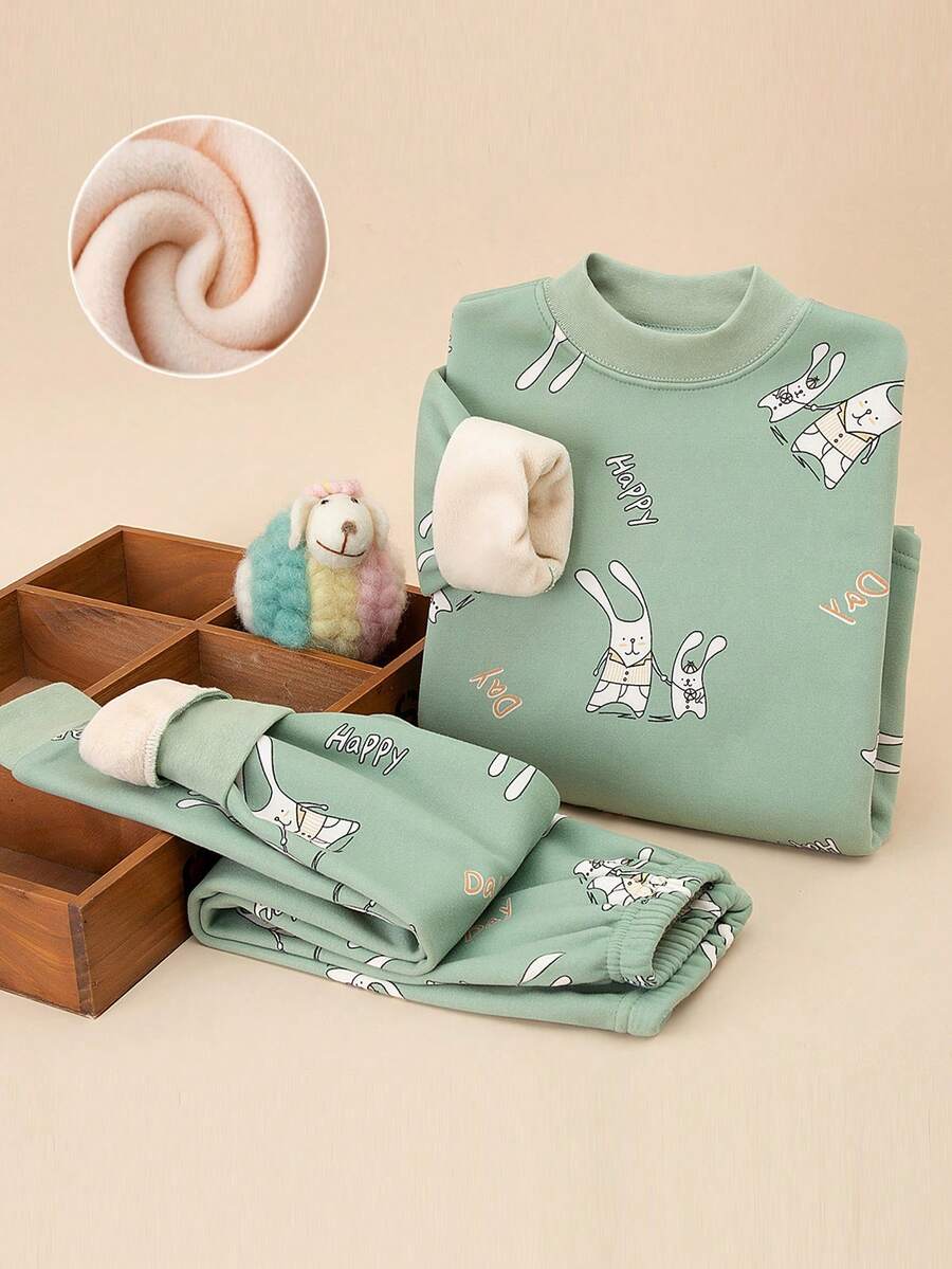 Girls' Thick Fleece Cartoon Rabbit Print Pajama Set, Long Sleeve Top And Pants, Warm Sleepwear For Autumn/Winter - Mint Green - View 1