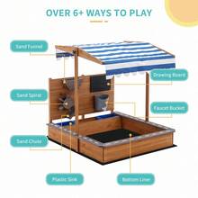 Wooden SandBoxes With Roof, Outdoor Sand Box Play W/Canopy For Backyard Garden Beach, Sand Pit For Beach Patio Outdoor, [Adjustable Cover & Funnel & Drawing Board] - 原木色 - 查看 3