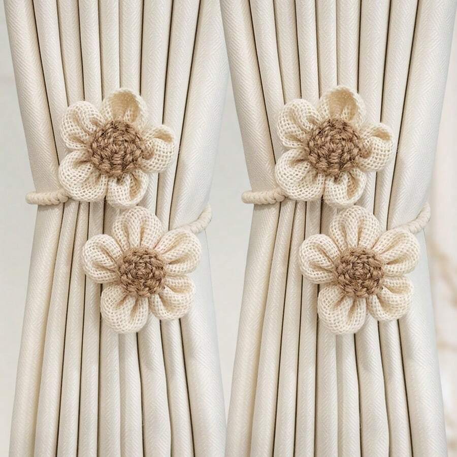 1pc/2pcs Flower Curtain Tiebacks With Linen Straps, Purely Handcrafted In A Light Luxury And High-End Style. These Are Decorative Fasteners, Buckles, And Gathering Clips, Suitable For Living Rooms, Bedrooms, And Home Decoration,Room Decor