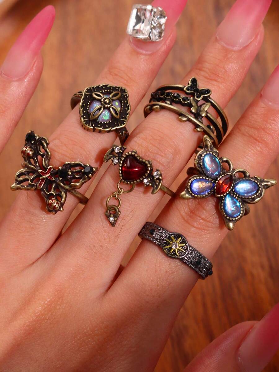 Bộ 6 chiếc nhẫn bướm trái tim phong cách Gothic Punk Rock thời trang tinh tế đa năng sáng tạo độc đáo dành cho nữ, thích hợp sử dụng hàng ngày, đi làm, lễ hội, tiệc tùng, ngày lễ - Nhiều màu - Xem 1