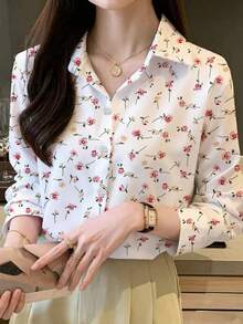 Plus Size Women Floral Print Loose Turndown Collar Button Down Long Sleeve Shirt, Elegant Casual Suitable For Office And Daily Wear, Spring/Autumn - White - View 2